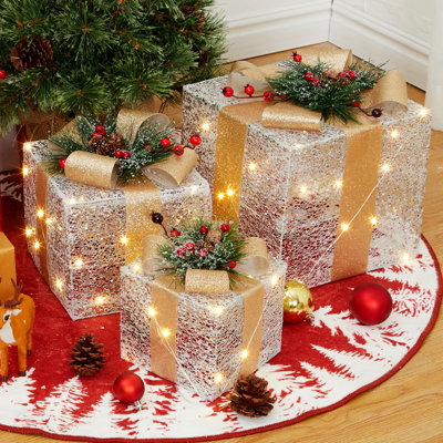 Ensemble de 3 boîtes-cadeaux de Noël illuminées avec rubans et nœuds pour arbre de Noël intérieur / extérieur