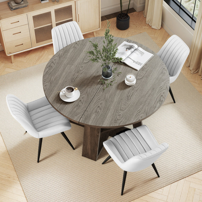Ensemble de table et chaises de salle à manger extensible ronde à ovale Fecteau, Gris, White