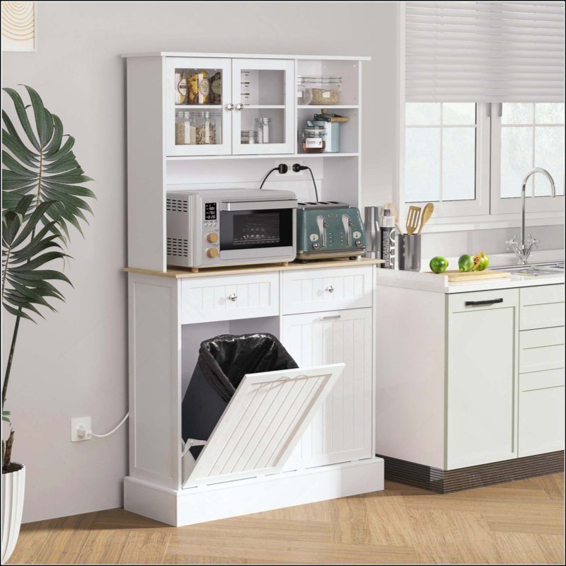 Armoire de cuisine avec station de charge, 2 armoires à ordures inclinables et support pour micro-ondes, huche de cuisine autoportante avec portes en verre et tablette réglable