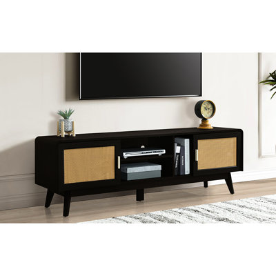Meuble télé 63 po pour téléviseur de 65 po, pieds en bois massif, 2 armoires de rangement, salon simple et pratique, chambre sombre avec armoires, console média 65 po
