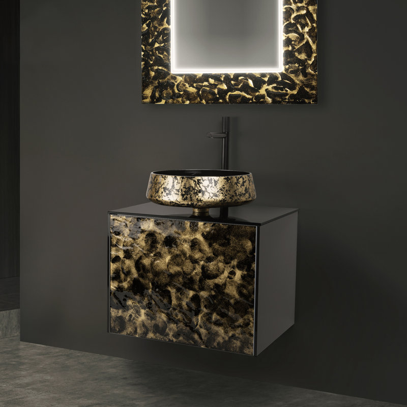 Meuble-lavabo mural de luxe en cristal Murano, 24", Noir et or
