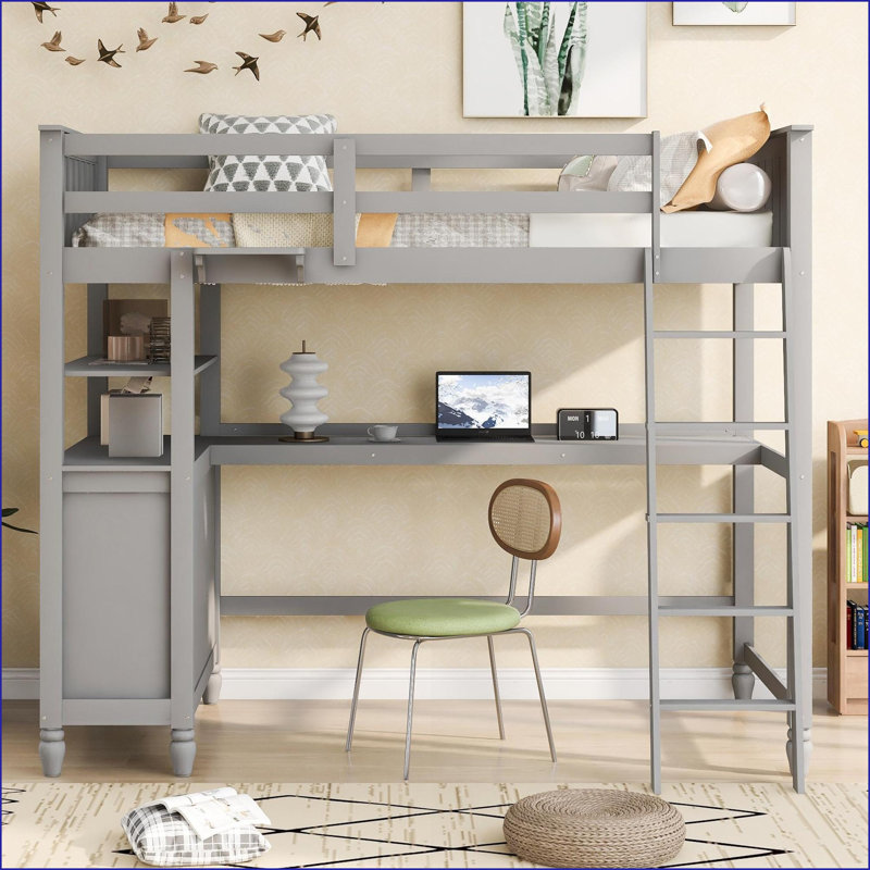 Lit mezzanine simple en bois de pin avec tablettes de bureau à tiroirs - gris, sans sommier