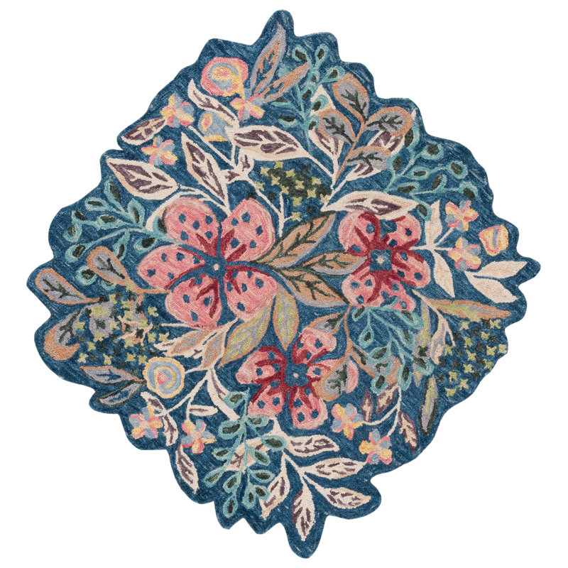 Bott 362 Hand Tufted Wool/Cotton Floral Rug in Blue/Pink, Round 3'