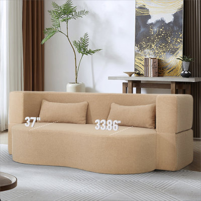 2-In-1 Convertible Sofa Bed, Full Size Folding Loveseat Couch With Soft Teddy Fabric, No Assembly Needed, Floor Sofa Mattress With 2 Pillows, Space-Saving Futon For Small Living Room, Dorm, RV,Apricot