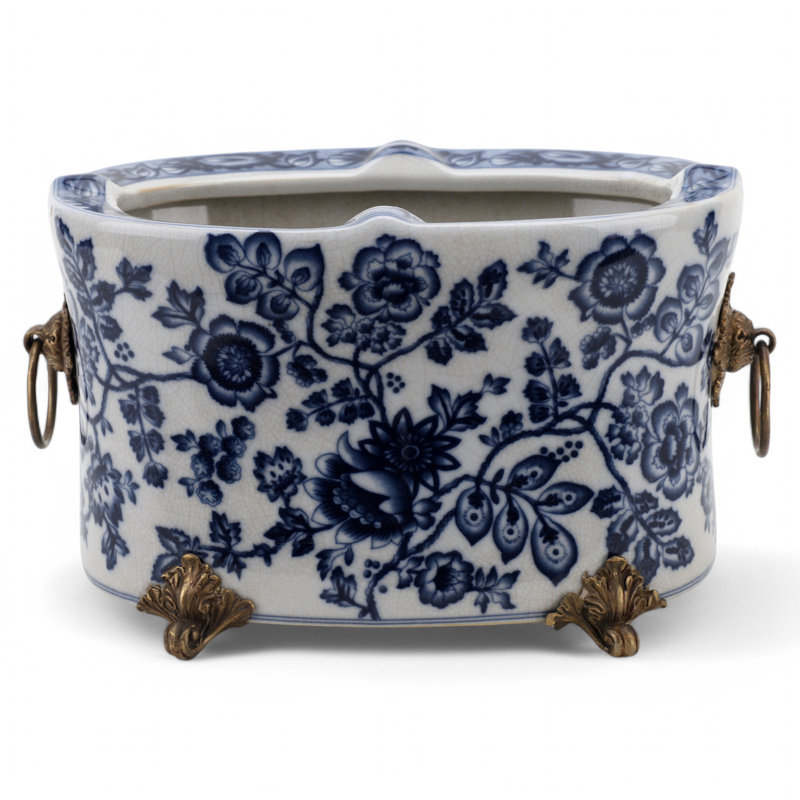Porcelain Oval Planter With Bronze Ormolu Blue And White Flower