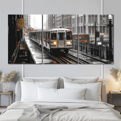 3Pcs Chicago City Train Loop Wall Art Chicago City Picture Canvas Painting Prints For Home Dining Room Living Room Wall Decor Poster Artwork(16" X 24" X 3 Panels Framed)