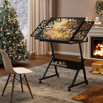 1500 Pieces Jigsaw Puzzle Metal Table Board For Adults Gift With 4 Trays(Black)