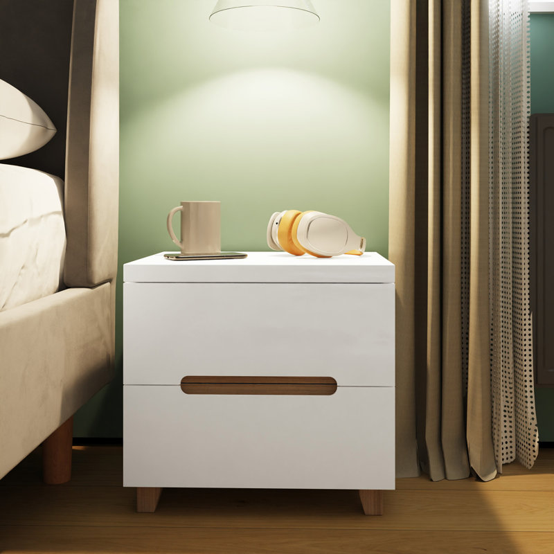 Mcfadden 2 Drawer Bedside Table Nightstand Cabinet. Oak Effect Accent. High Gloss White Front & Frame. 