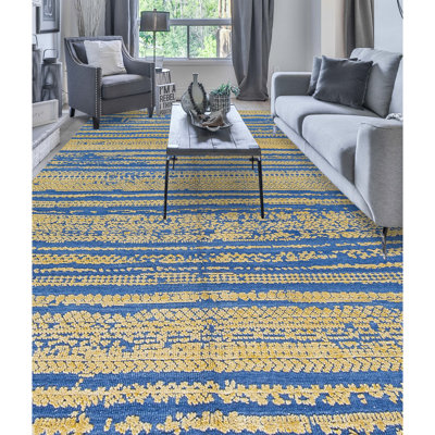 Tapis marocain en laine noué à la main à rayures dorées / bleues