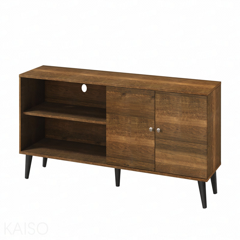 Meuble télé pour téléviseur de 63 po ou moins, avec 2 tablettes de rangement et 1 armoire, meuble audio-vidéo moderne, Brun