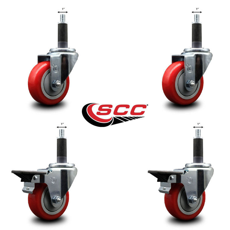 Ensemble de roulettes extensibles pivotantes en poly sur roulettes 2 freins SCC PLB 3,5 po x 1 po, Rouge
