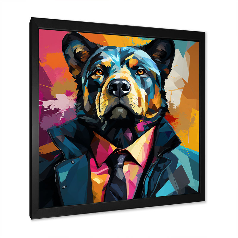 Portrait d'un ours en costume, H 30 po x l 30 po x P 1,5 po, Cadre simple noir