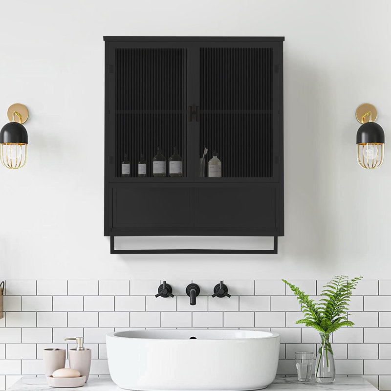 Armoire murale à portes en verre 23,62 po avec rangement fermé à deux niveaux, tablette ouverte et porte-serviettes, Noir