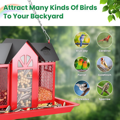 Metal Hanging Bird Feeder House, Classic Barn Style Iron Outdoor Feeder with Visible Window Lift Top Lid for Garden Yard Wild Birds