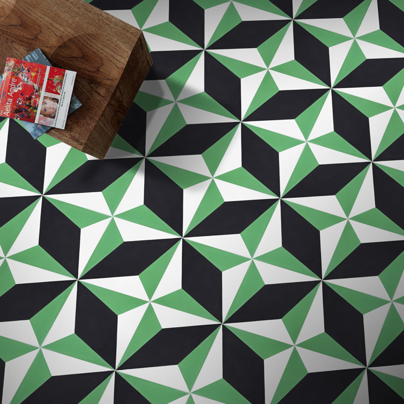 Diamond 8" x 8" Cement Patterned Wall & Floor Tile, Green/White