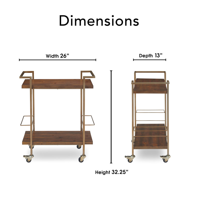Industrial Walnut & Gold Bar Cart with Wine Rack and Storage