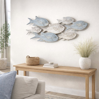 Décoration murale côtière poisson décoratif en métal côtier pour décoration d'intérieur - 41 po, bleu et blanc