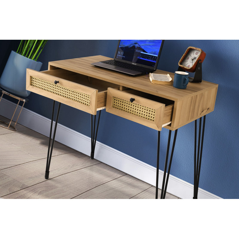 Bureau d'étude élégant avec 2 tiroirs et plusieurs tablettes, chêne et noir, 41,3 po x 31,1 po x 21,7 po | Panneau de particules 100% enduit de mélamine, pieds en métal, fixation murale | Design industriel bohémien pour les espaces de travail modernes