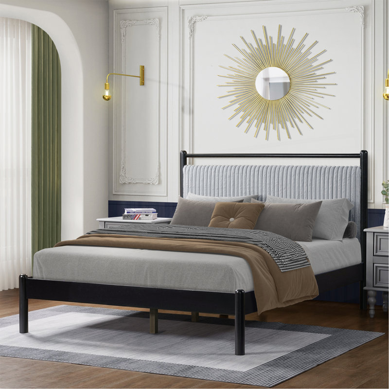 Structure de lit double en bois avec tête de lit moelleuse, cadre gris et noir, Double