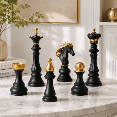 Modern Black and Gold Decorative Chess Piece Figurine Set, Luxury Resin Statue Accent for Bookshelf, Office, Living Room and Home Decor