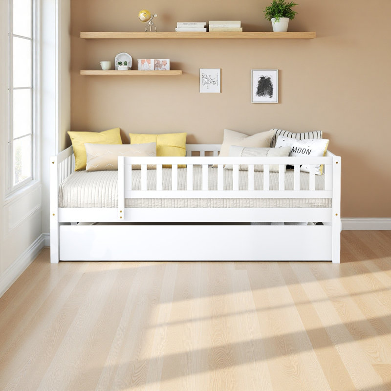 Full Size Wood Daybed With Trundle And Fence Guardrails, White