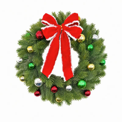 Couronne de Noël artificielle pour porte d'entrée, ornée d'un nœud rouge et blanc et de boules multicolores, décoration hivernale pour porche, mur ou fenêtre.