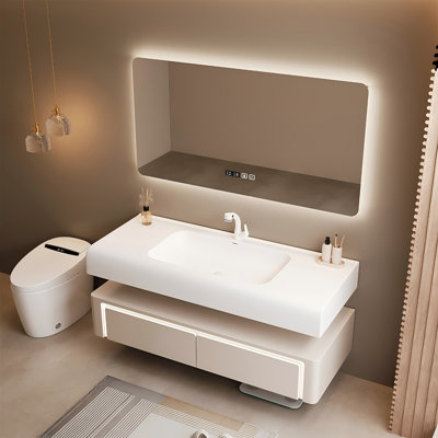 Meuble-lavabo mural 47,24 po en bois d'hévéa massif avec miroir intelligent