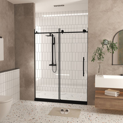 Frameless Shower Door 60 "W X 76" H, 1/4 "(6 Mm) Clear Tempered Glass, Explosion Proof Film, Stainless Steel Handle