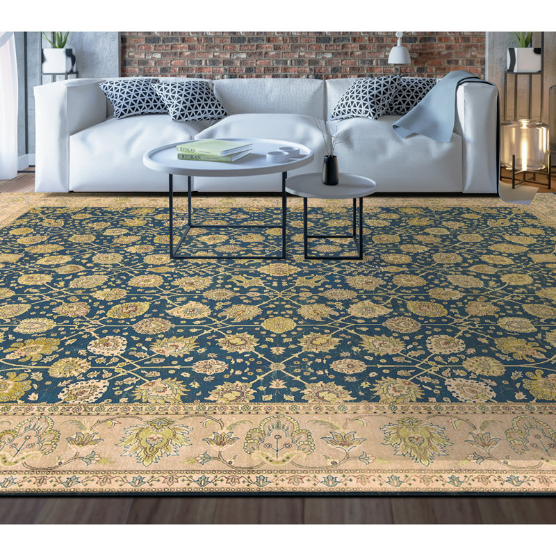 Tapis bleu et doré de haute qualité noué à la main