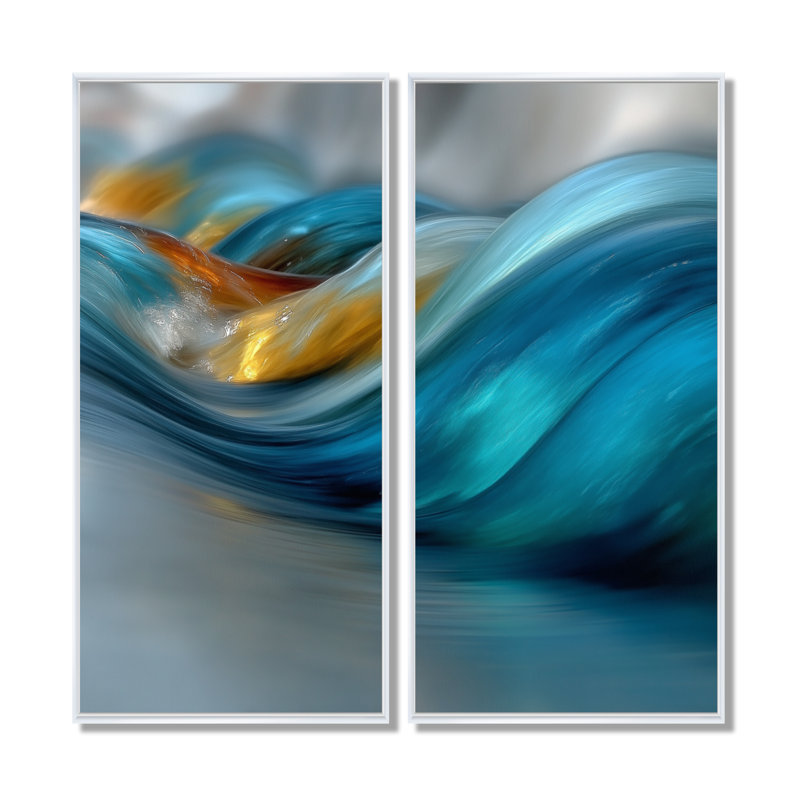 «Yellow Blue Wave Rhythmic River - Coastal Wall Art», reproduction sur toile jaune 2 pièces, H 40 po x l 40 po, White