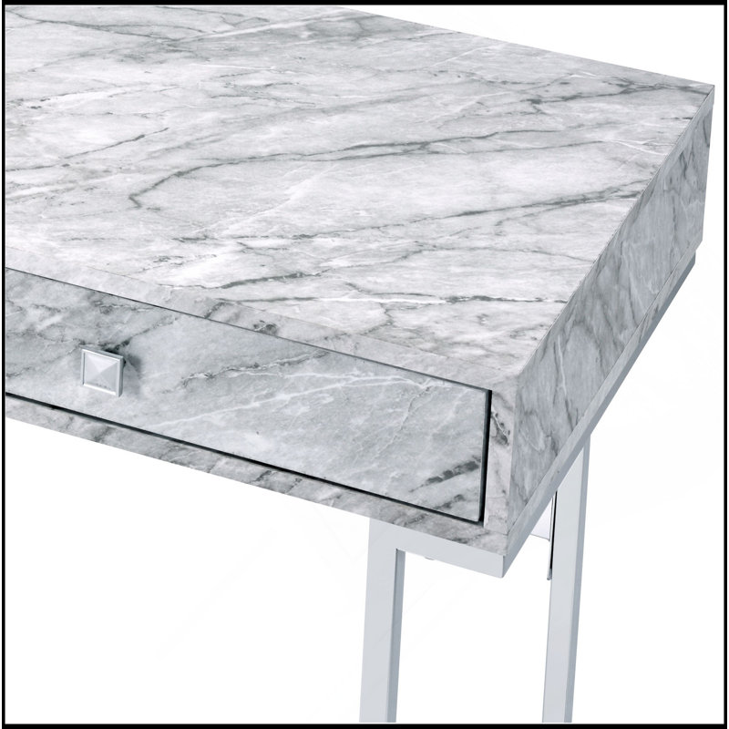Bureau d'écriture blanc avec plateau en faux marbre et finition chromée