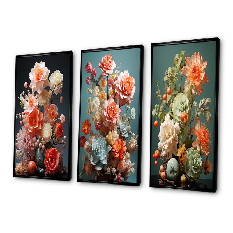 Floral Oasis Bouquet I - Fleurs, ensemble de 3 reproductions d'art mural, Cadre flottant noir, H 28 po x l 36 po