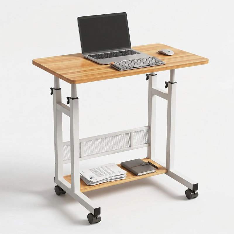 Petit bureau pour travailler debout à hauteur ajustable, table d'ordinateur portable mobile à roulettes avec roulettes, Brun