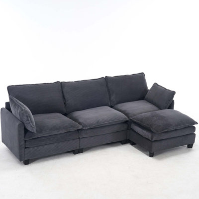 Modular Sofa ,  Velvet Large U-Shaped Couch Comfy Upholstered 3-Seat Sofa With 1 Ottoman, 2 Lumbar Pillow, Deep Seat Couch