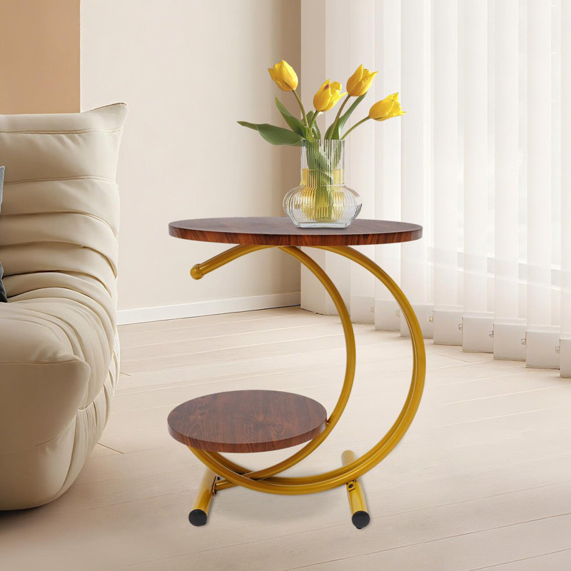 2-Tier Round End Table Side Table, Brown Wood, Gold