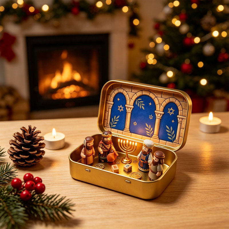 Décoration de Noël : Petite crèche de Noël dans une boîte en métal, mini figurines de la Sainte Famille, décoration religieuse, cadeau pour la famille