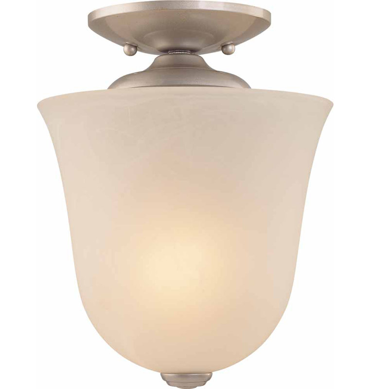 Kim V5070 8.25" Hammond 1-Light Indoor Nickel Mini Convertible Hanging Pendant (Semi-Flush) with Alabaster Glass Bell Shade