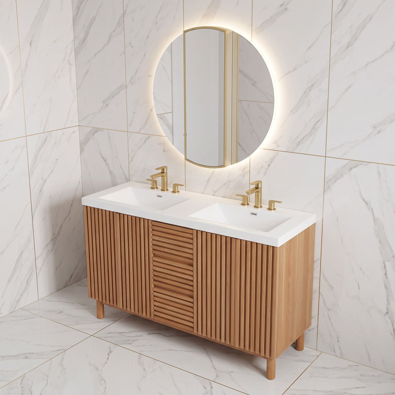 Meuble-lavabo moderne avec tablettes réglables, charnières à fermeture en douceur, double lavabo en résine SMC et tiroir divisé