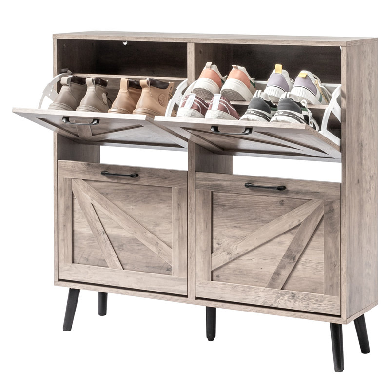 Barn Door 4 Flip Black Handles Glued Particleboard Embossed Natural Legs Shoe Cabinet 41.7In, Washed Grey