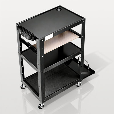 Rolling Computer Cart With Power Strip, 3-Tier Utility AV Cart With Wheels, Keyboard Tray, CPU Stand