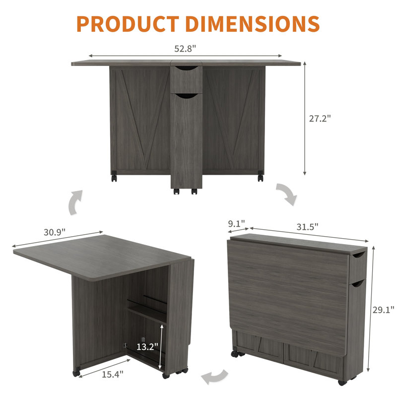Table de salle à manger pliante avec rangement, 6 roulettes, tiroirs et tablettes, table de cuisine moderne, gris, Gray