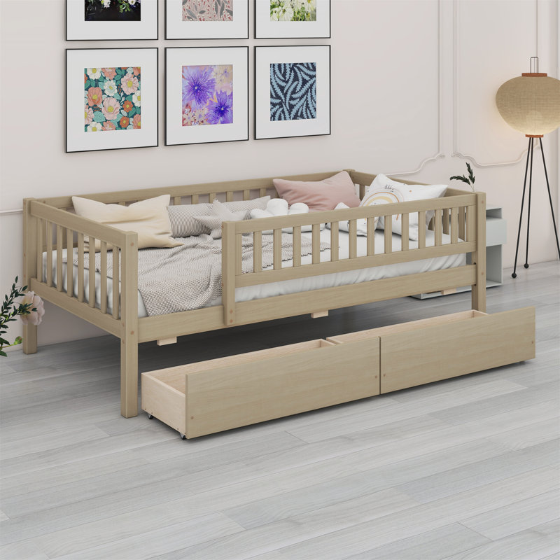 Daybed Wood Bed With Two Drawers, Natural, Twin