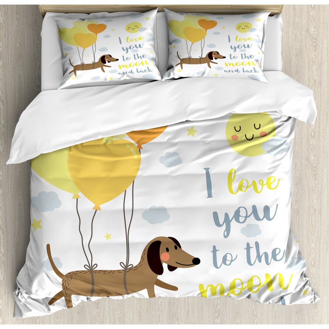 Bettbezug Set, Hunde Balloons, Ich liebe dich, Gelb Cocoa Blau Grau