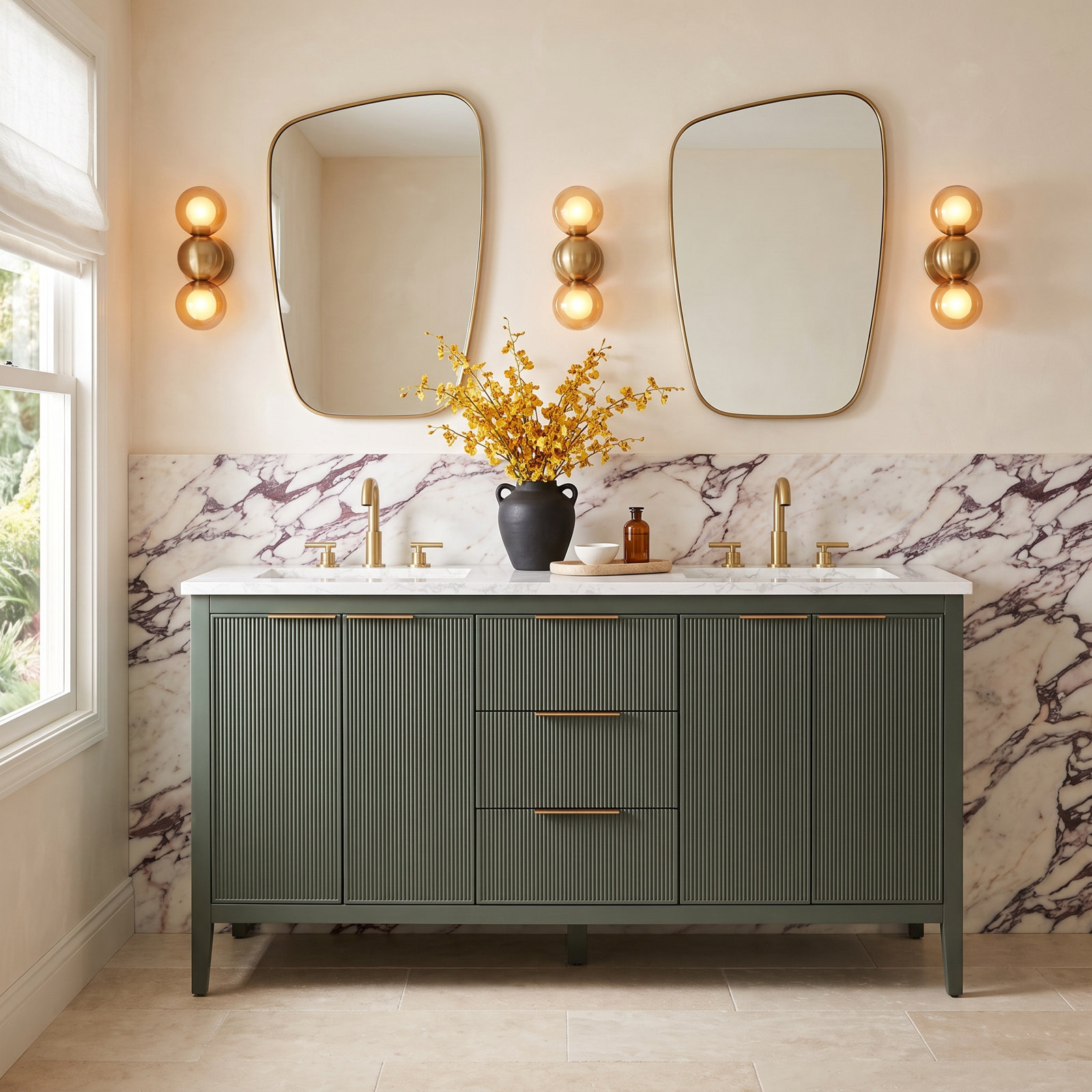 Bilroy 60" Pine Double Bathroom Vanity, Vintage Green/Brushed Bronze