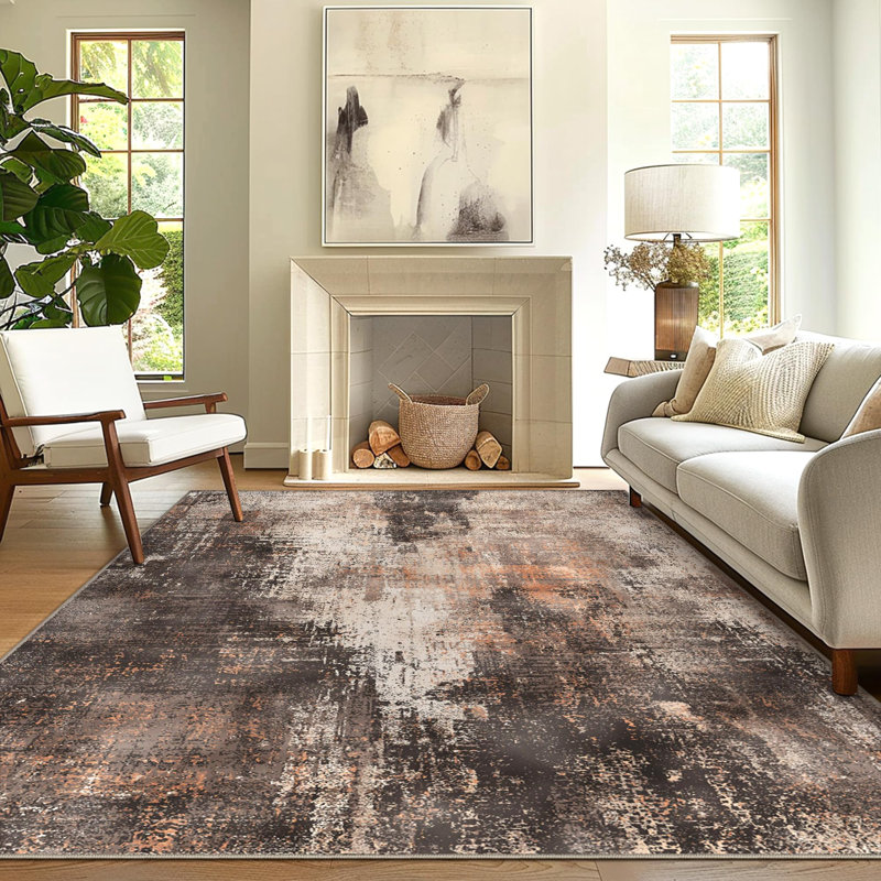 Modern Livid Abstract Low Pile Area Rug, Earthen Brown Carpet Faux Short Pile Area Rug for Dining Room Kitchen Office