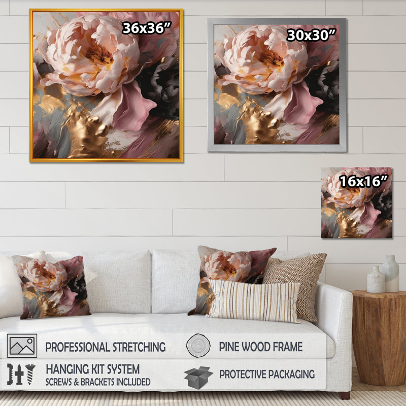 Marbre rose doré pivoine fleur I - impression, Cadre photo noir, H 16 po x l 16 po x P 1 po