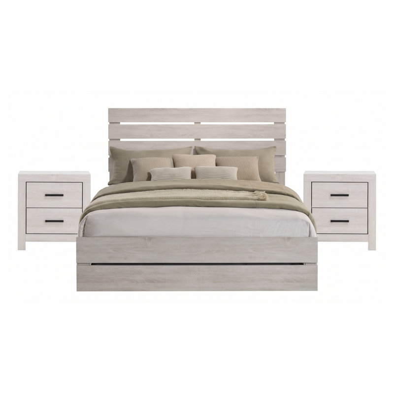Ensemble de chambre à coucher 3 pièces Kingsley Coastal White Eastern King avec lit plateforme et deux tables de chevet