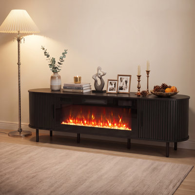 Meuble télé avec foyer électrique pour téléviseurs de 80 pouces, 2 armoires de rangement, noir