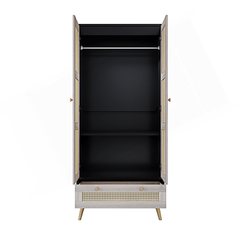 Armoire-penderie Armoire avec 2 portes en rotin et 1 tiroir, armoire de rangement pour vêtements avec tringle suspendue Boho