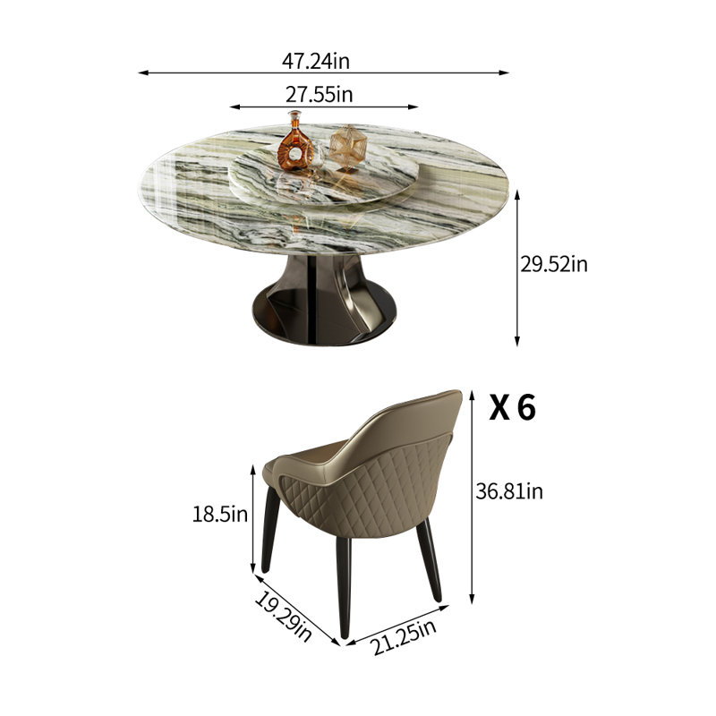 Modern Luxury Marble Round Dining Table Set, 29.52"H x 47.24"L x 47.24"W, 7 Pieces: Table, 6 Chairs